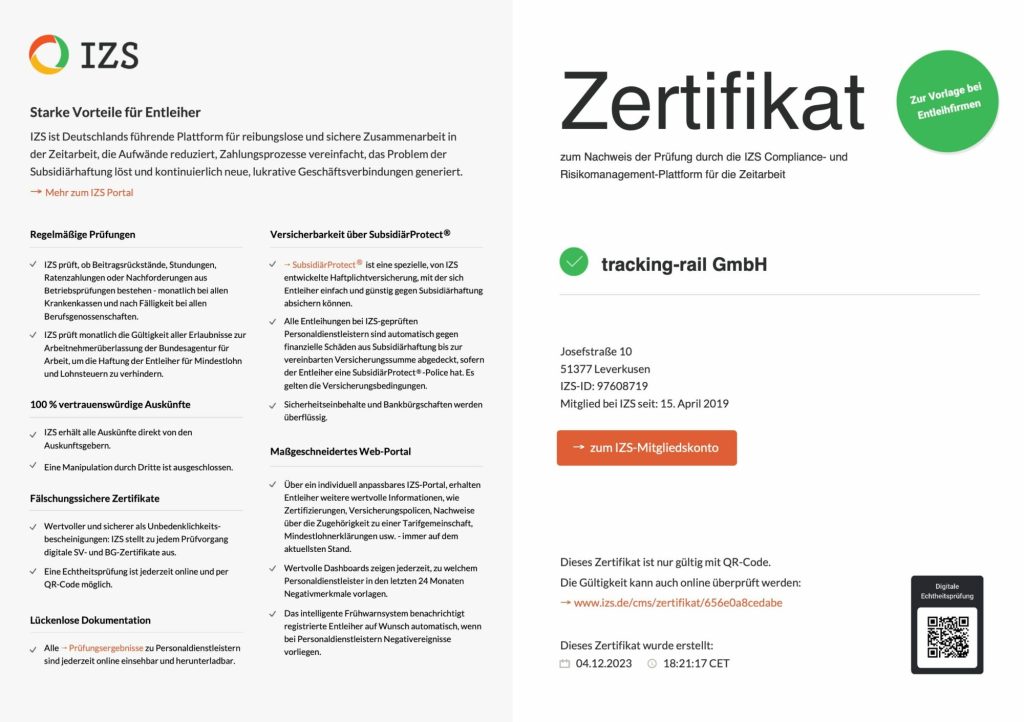 IZS Zertifikat